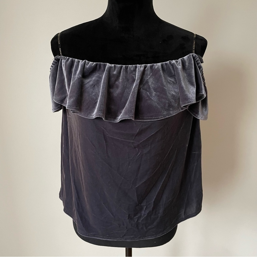 Amanda Uprichard Strapless Gray Velvet Off the Shoulder Ruffle Top EUC Size M